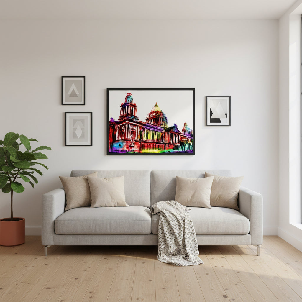 Large 45x60 cm Belfast City Hall framed print in black frame, rainbow colours, landscape artwork by Irish artist Ó Maoláin.