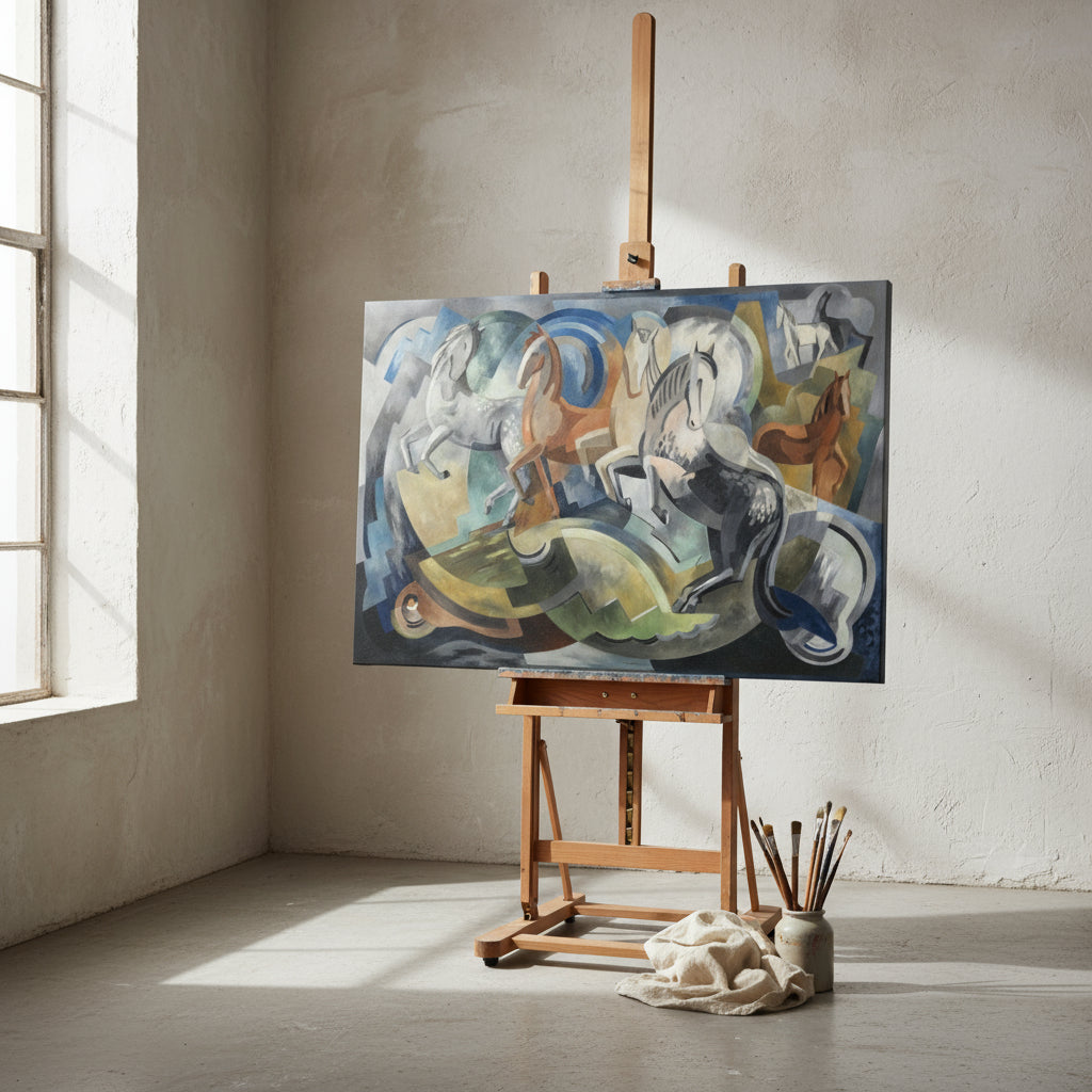 Large unframed Achill Horses by Mainie Jellett art print placed in a minimalist artist studio, leaning against a plaster wall on a wooden easel; soft natural light, vintage paintbrushes and linen cloth draped beside it, muted earthy tones and authentic studio atmosphere.
