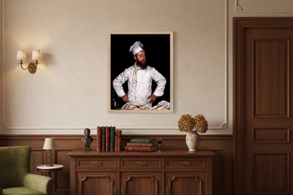 Warm classic interior with timber accents, Le Chef de l’Hôtel Chatham by William Orpen in natural wood frame, 40×50 cm / 16×20 in, cultured European setting