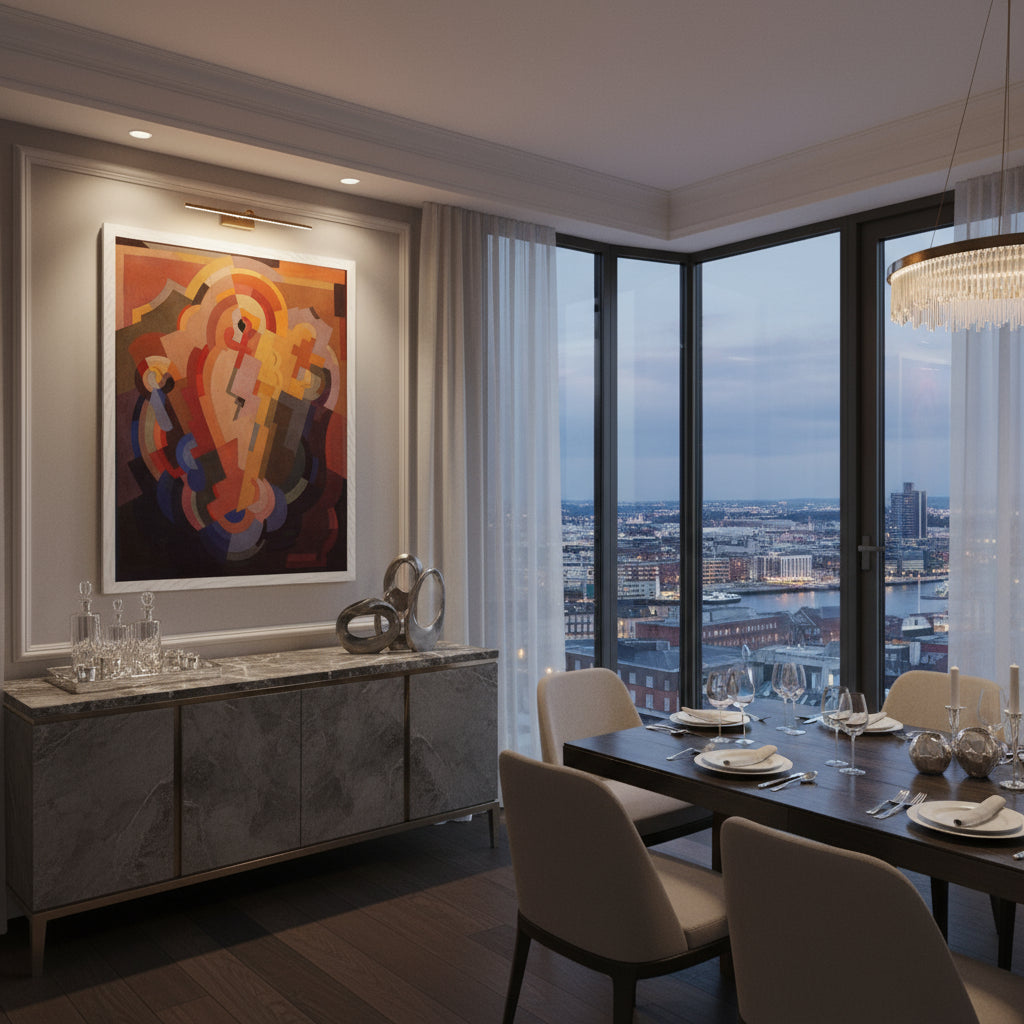 Luxury Penthouse Dining Room
Mainie Jellett abstract art above marble sideboard in modern penthouse dining room with Dublin city view.