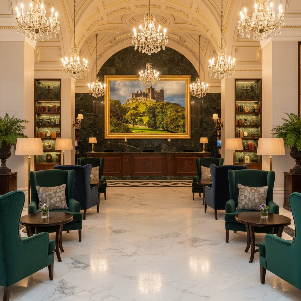 Luxury hotel lobby or reception area with marble floors, tall ceilings and the Rock of Cashel framed print displayed in a gilded or oak frame to evoke Irish elegance.