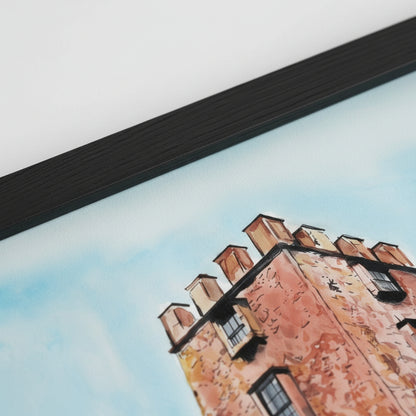 Macro close-up of The Curfew Tower Cushendall art print in a black wooden frame, showing the matte 250gsm paper texture, sharp corners, precise fit, soft diffused lighting.