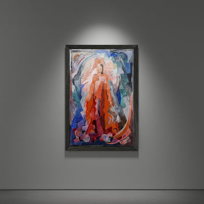 Mainie Jellett “I Have Trodden the Winepress Alone”,
thin black gallery frame, framed fine art print in slim black wooden frame, mounted on a soft charcoal
gallery wall, dramatic angled gallery lighting, crisp shadows, reflective
plexiglass highlights, minimalist exhibition interior, 4K ultra-realism.