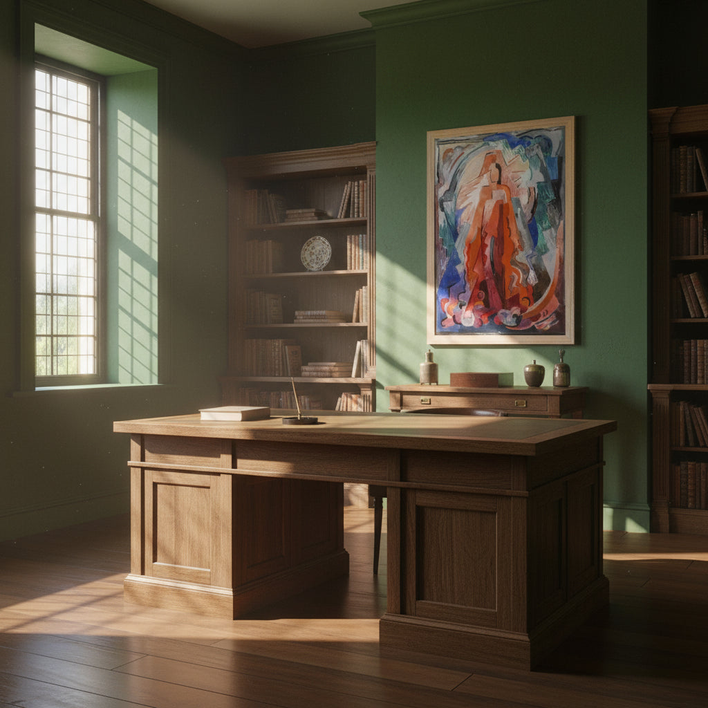 Mainie Jellett print, I Have Trodden the Winepress Alone Irish modernist art, classic Irish study interior with deep green walls, solid oak furniture,
warm golden-hour light from side window, framed art print in natural oak
frame, subtle wall texture, premium fine art photography, 4K realism
