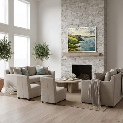 Murlough Bay und Fair Head, Küste von Antrim, gerahmter Wand-Kunstdruck eines irischen Künstlers