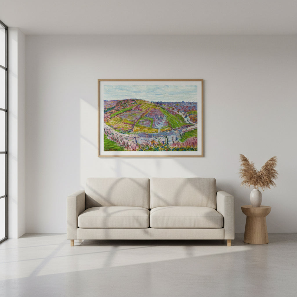 Paysage, Pont Aven (1892) by Roderic O’Conor, post-Impressionist Breton landscape in vivid purples and greens, museum-quality art print. A bright, minimalist interior styled for contemporary home décor. Clean white or soft neutral wall, natural daylight entering from the side, creating gentle shadows. 
On the wall: a Gallery Edition framed art print, shown in a slim modern gallery frame natural wood 
