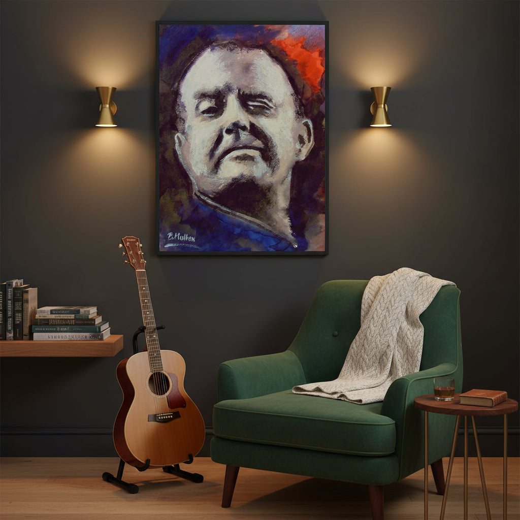 Christy Moore portrait framed in black wood, hung above piano or guitar corner in contemporary Irish living room with dark walls and warm ambient lighting.
