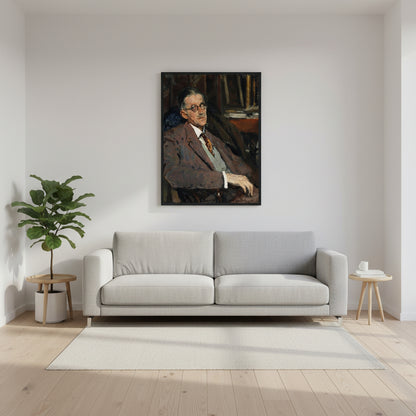 A clean, minimalist Scandinavian living room interior with soft natural light filling the space. 
Neutral colour palette: white walls, light oak flooring, subtle shadows. 
Centred on the wall is a framed fine-art print in a premium Collector’s Edition wooden frame 
(FSC-certified natural oak or refined black gallery frame). 
Ensure the artwork is displayed at a realistic scale (approx 60–70 cm wide), positioned above a modern sofa. 
No heavy props or clutter — only minimal décor such as a single plant, side