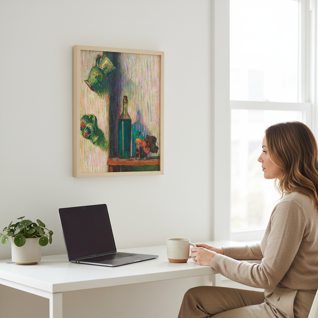 Roderic O’Conor Flowers Bottle and Two Jugs print, natural wood frame, premium Irish art reproduction. A stylish home office for a creative professional; white desk, MacBook, ceramic mug, leafy plant, soft daylight. A vibrant modernist art print is displayed above the workspace for colour and inspiration. Clean, curated, lifestyle-focused aesthetic.