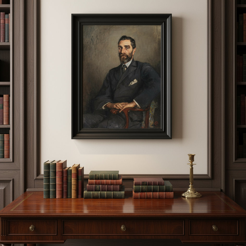 Roger Casement portrait in a black gallery frame above a mahogany writing desk with antique books and brass candlestick in a Georgian study.