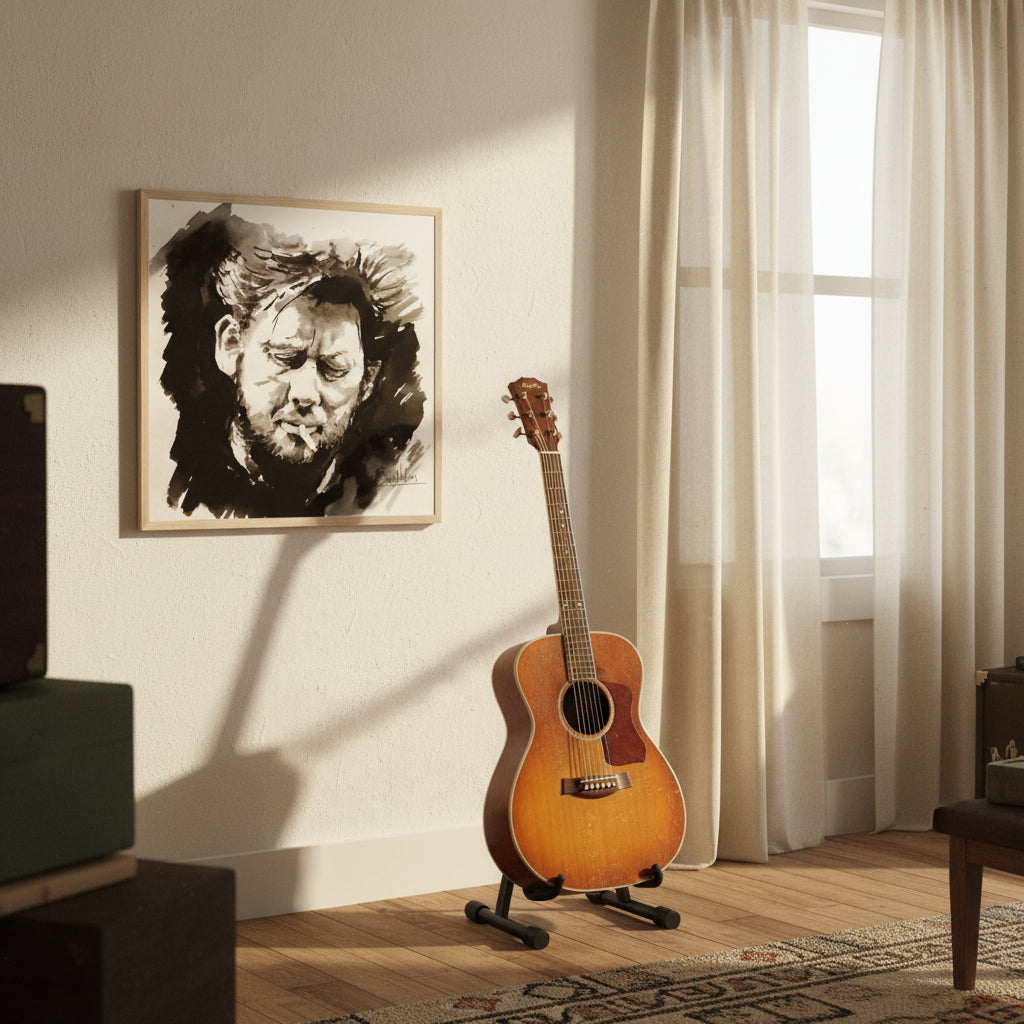 Shane MacGowan portrait in oak frame displayed in home studio with acoustic guitar on stand, linen curtains, and soft daylight creating warm, nostalgic tone.