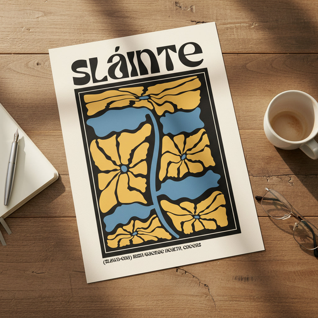 Sláinte – Irish Cheers Print | Irish Language Wall Art Unframed print lying flat on a wooden table with soft natural shadows and stationery elements around it.