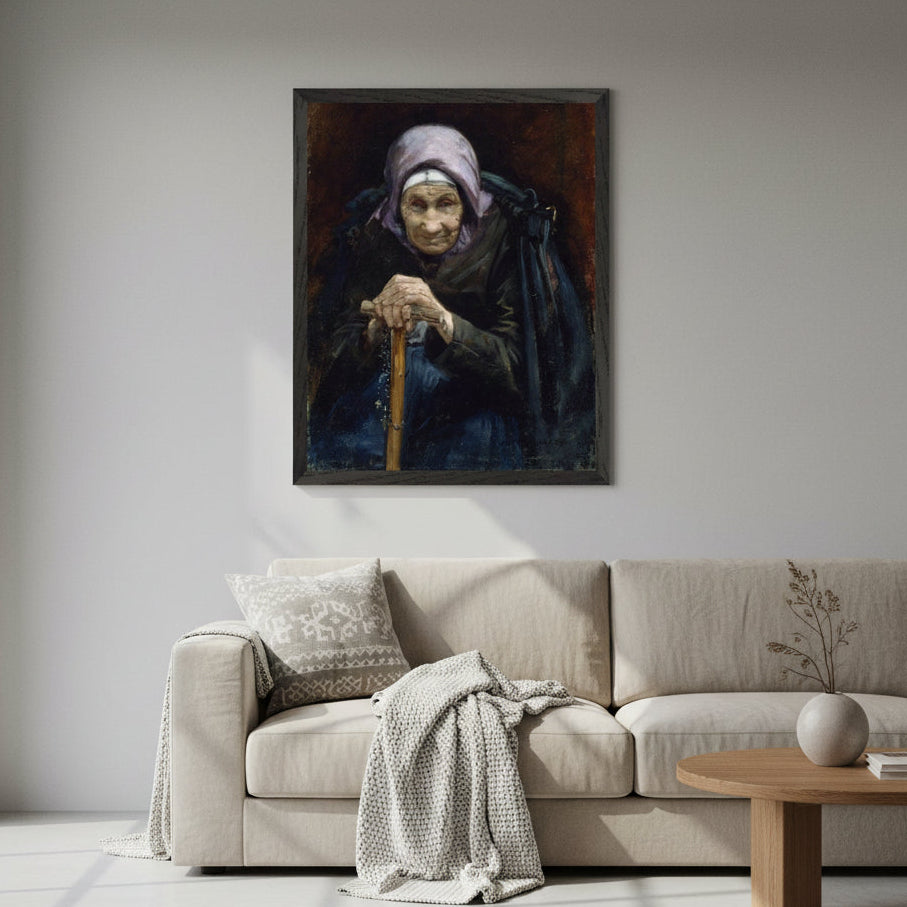 Museum-quality reproduction of The Fisherman’s Mother by Helen Mabel Trevor in a slim black modern frame, hanging on a white or light-grey wall. 