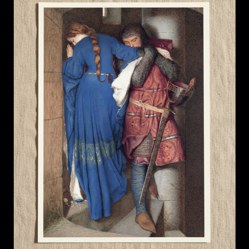 The Meeting on the Turret Stairs – Irish Romantic Art Print  unframed archival print resting on light linen fabric. Soft natural daylight, gentle shadows, artisanal fine-art photography style. Buy Irish Art
