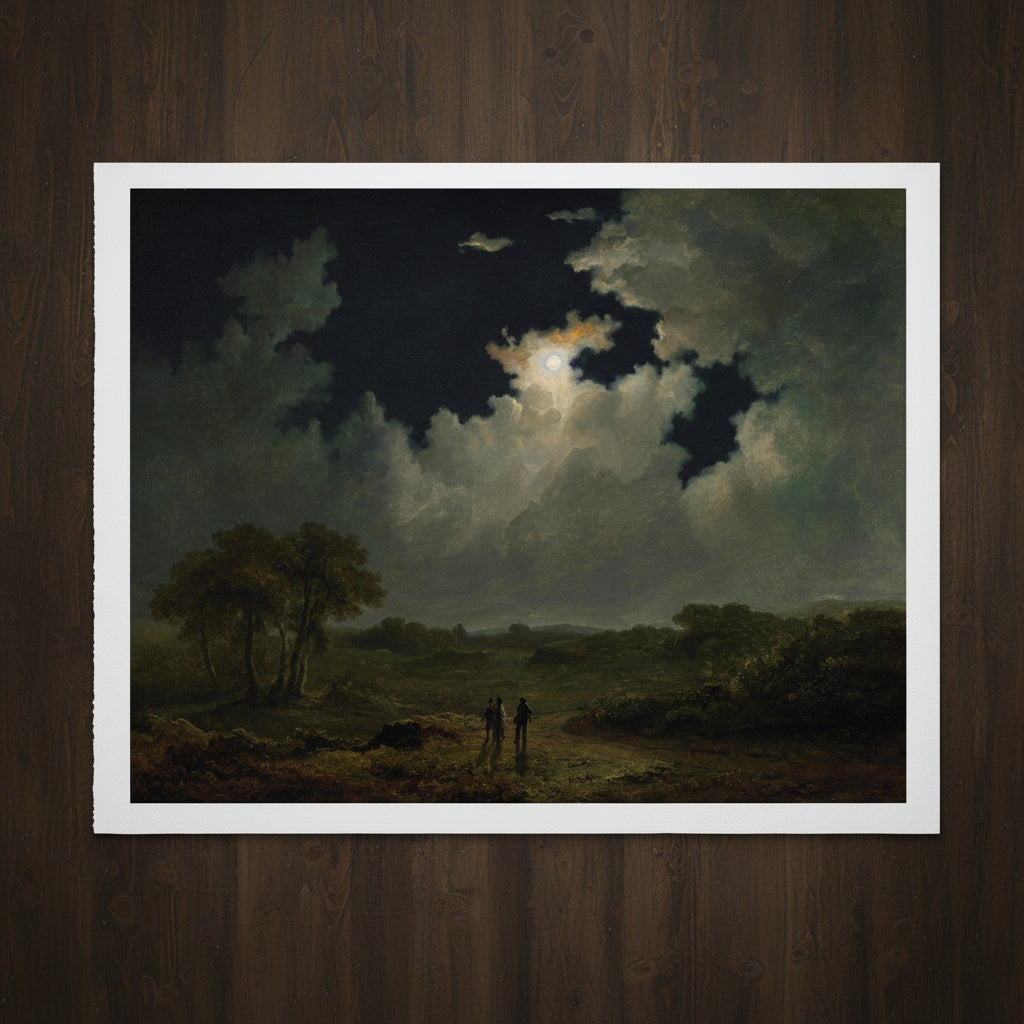 The Poachers (c.1830s) by James Arthur O’Connor – Irish Art Print unframed gallery edition print laid flat on dark wooden table.