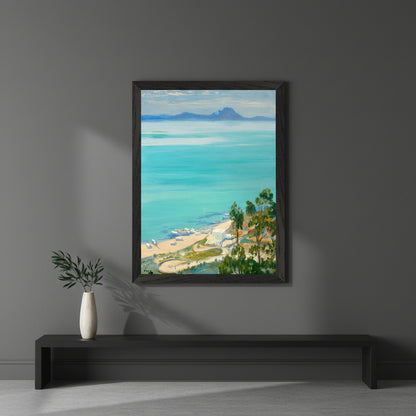 The Bay of Tunis, Morning by Artist Sir John Lavery (1919) – Irish Art Print, fine-art framed print in matte black frame on a deep charcoal wall, soft studio
light from the left, elegant shadows, premium editorial interior styling, quiet
luxury, gallery mood, 4K realism
