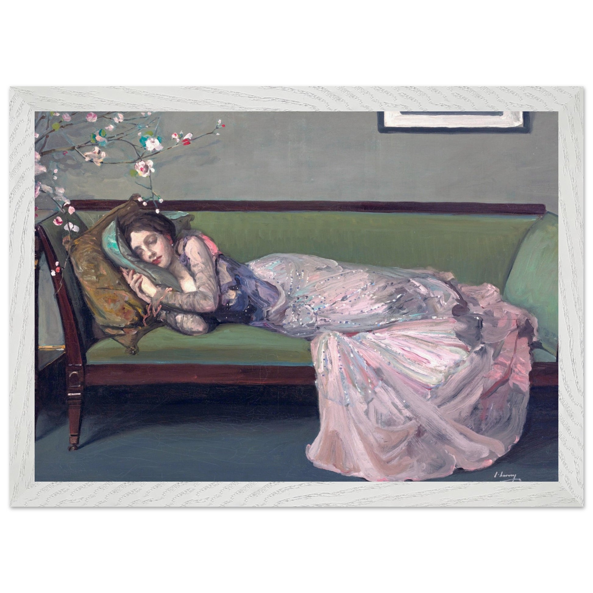 The Green Sofa by Sir John Lavery — A2 Irish art print in white distressed frame, framed Irish fine art, Buy Irish Art