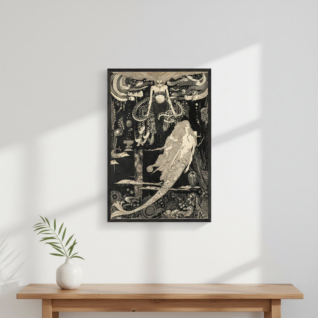 The Little Sea Maid by Irish Artist Harry Clarke Art Print in a slim black gallery frame, vertically oriented. Artwork  60×90 cm (24×36 inches) on the wall.
Interior: clean white wall, natural soft daylight, minimalist Scandinavian styling,