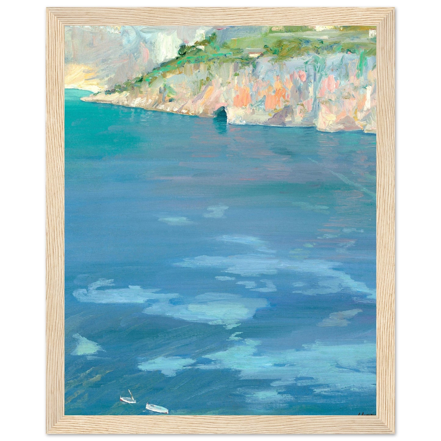 The Little White Boats, Cap Ferrat by Sir John Lavery – 40x50 cm Collector’s Edition print in natural wood frame, impressionist Mediterranean seascape with boats and cliffs