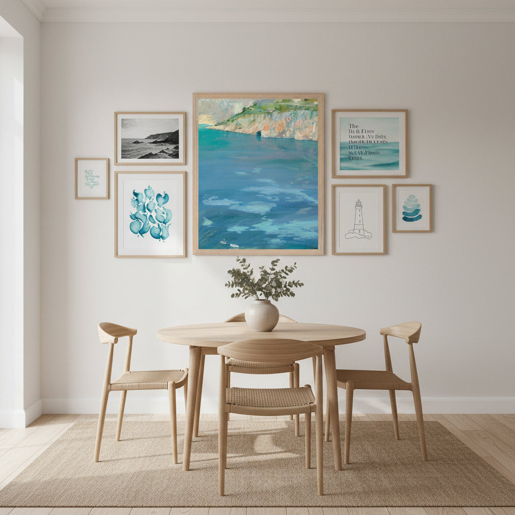 The Little White Boats, Cap Ferrat by Sir John Lavery framed print, 40x50 cm natural wood frame, styled as part of a gallery wall with complementary coastal and Irish art prints, in a contemporary dining room with round wooden table and simple chairs, Scandinavian coastal style.
