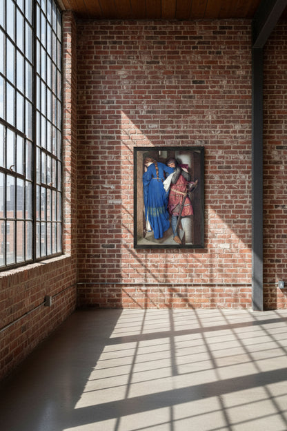 The Meeting on the Turret Stairs – Collector’s Edition Irish Art Print by Frederic William Burton. High ceilings, industrial loft interior, exposed brick wall, steel window frames, framed O’Conor print as bold colour focal point, editorial composition.
