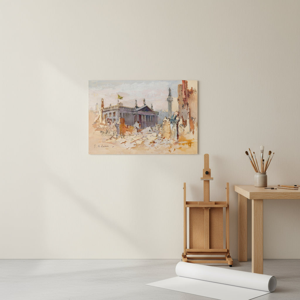 The Ruins of O’Connell Street, 1916 by Edmond Delrenne. The unframed print mounted on a pale wall in a minimalist artist’s studio. Nearby brushes, easel, and a roll of archival paper evoke craftsmanship and authenticity.