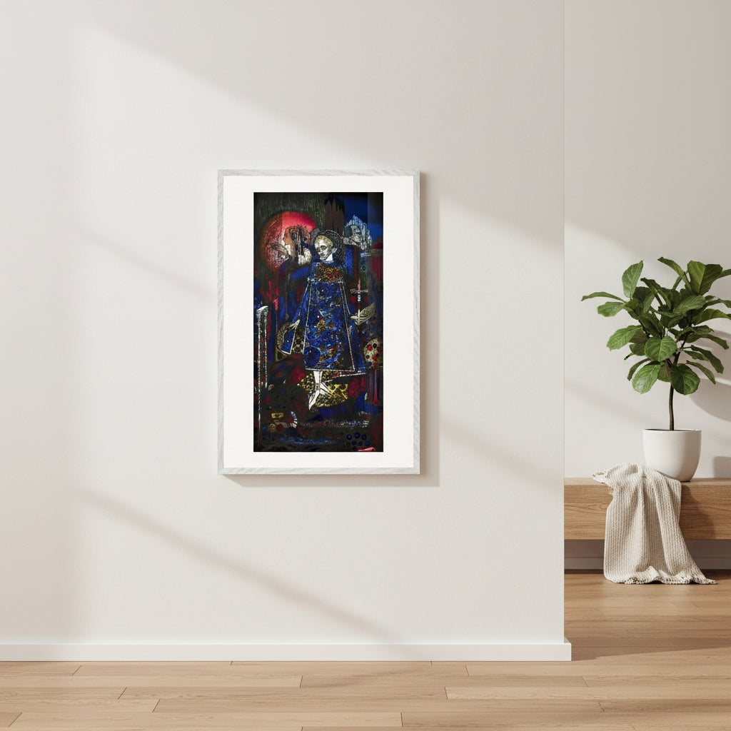 Create a photorealistic interior mock-up of a Collector’s Edition print of “The Song of the Mad Prince” by Harry Clarke (1917). 
Frame: satin white hardwood, museum-grade profile with clean contemporary lines. Print size: 40 × 80 cm.  
