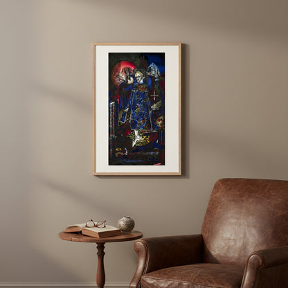 Create a premium interior mock-up of a Collector’s Edition archival print of “The Song of the Mad Prince” by Harry Clarke (1917). Frame: natural oak hardwood, FSC-certified, warm tone, gallery profile. 
Print size: 40 × 80 cm. 