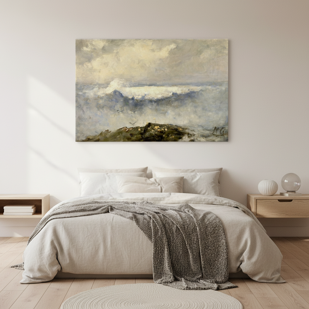 The Wave canvas above a bed with linen bedding, soft lighting and muted tones — peaceful Irish seascape atmosphere