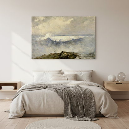 The Wave canvas above a bed with linen bedding, soft lighting and muted tones — peaceful Irish seascape atmosphere