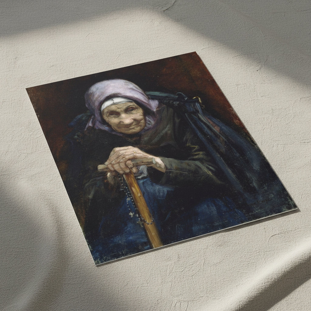 Unframed art print of The Fisherman’s Mother (1892) by Helen Mabel Trevor, portrait of an elderly Breton woman holding a wooden stick with rosary beads.