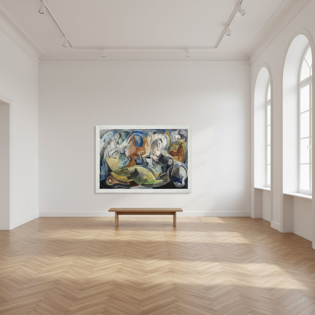 White-framed Achill Horses hung in a high ceiling gallery room with parquet floors, arched windows, and soft diffused daylight; solitary bench beneath the artwork.