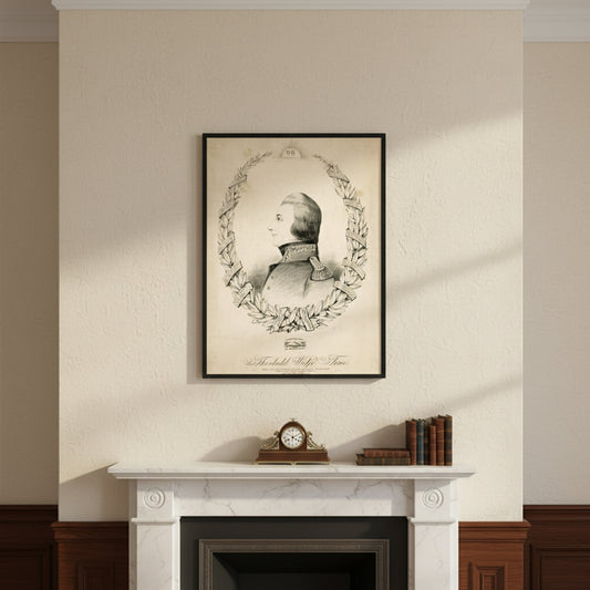 Wolfe Tone framed print in black, above a marble fireplace with dark wood trim. Gentle morning light filters in, casting elegant shadows on textured plaster walls. Tasteful, heritage-rich, and dignified.