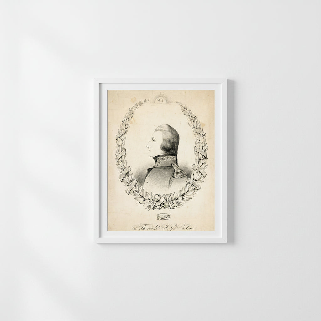 Wolfe Tone lithograph in a crisp white frame on a white wall surrounded by other Irish Patriots prints (Pearse, Hyde, Casement). Balanced spacing, natural daylight, and matte paper texture visible — refined, minimal, collector-focused aesthetic.(Pearse, Hyde, Casement). Balanced spacing, natural daylight, and matte paper texture visible — refined, minimal, collector-focused aesthetic.