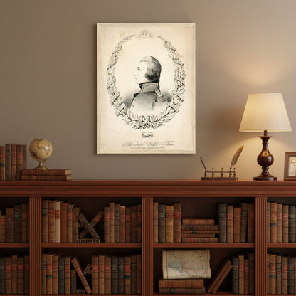 Wolfe Tone portrait in a natural oak frame displayed above a mahogany bookcase filled with Irish history volumes. Warm neutral wall tones, rich wooden textures, ambient lamplight — timeless, academic, and inviting.