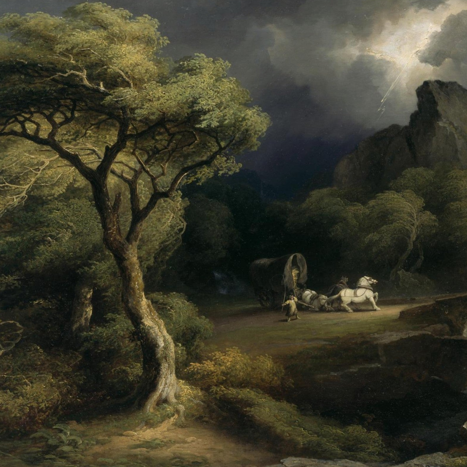 A Thunderstorm: The Frightened Wagoner by James Arthur O’Connor – Irish Romantic landscape painting with dramatic lightning storm