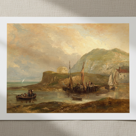 A View of Bray Head by Brocas, unframed archival art print. Framed painting of a coastal scene with boats and mountains.
