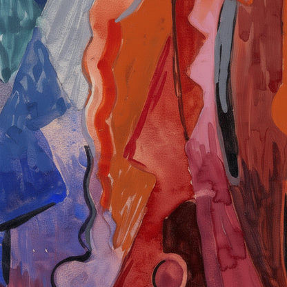 I Have Trodden the Winepress Alone by Mainie Jellett – unframed museum-quality Irish Modernist religious art print. close-up detail of vibrant red, rose and violet planes from Mainie Jellett’s
“I Have Trodden the Winepress Alone”, capturing gouache texture, subtle
surface grain and tonal depth, ultra-realistic museum lighting
