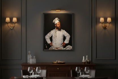 Refined dining room interior, Le Chef de l’Hôtel Chatham by William Orpen displayed in black gallery frame, 40×50 cm / 16×20 in, dark muted wall, warm ambient lighting, European collector aesthetic, Buy Irish Art