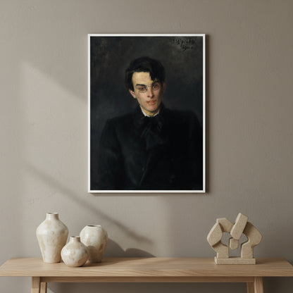 Soft minimalist interior in beige and greige palette, natural wood accents, Yeats portrait in oak frame above console with ceramic vases and abstract sculpture.