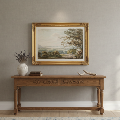 Georgian Irish landscape framed print hanging in an elegant Irish coastal home, muted linen walls, antique oak furniture, soft daylight, calm refined atmosphere, museum-style presentation