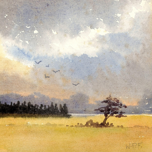 Painting of a landscape with a tree, field, and birds flying in the sky.