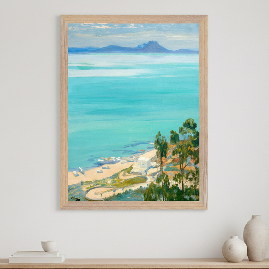 The Bay of Tunis, Morning by Sir John Lavery – Irish landscape art print in light oak frame styled in a neutral interior