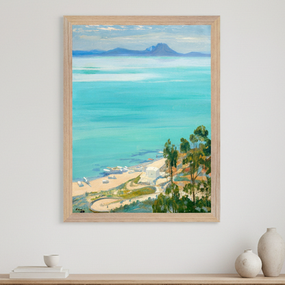 The Bay of Tunis, Morning by Sir John Lavery – Irish landscape art print in light oak frame styled in a neutral interior
