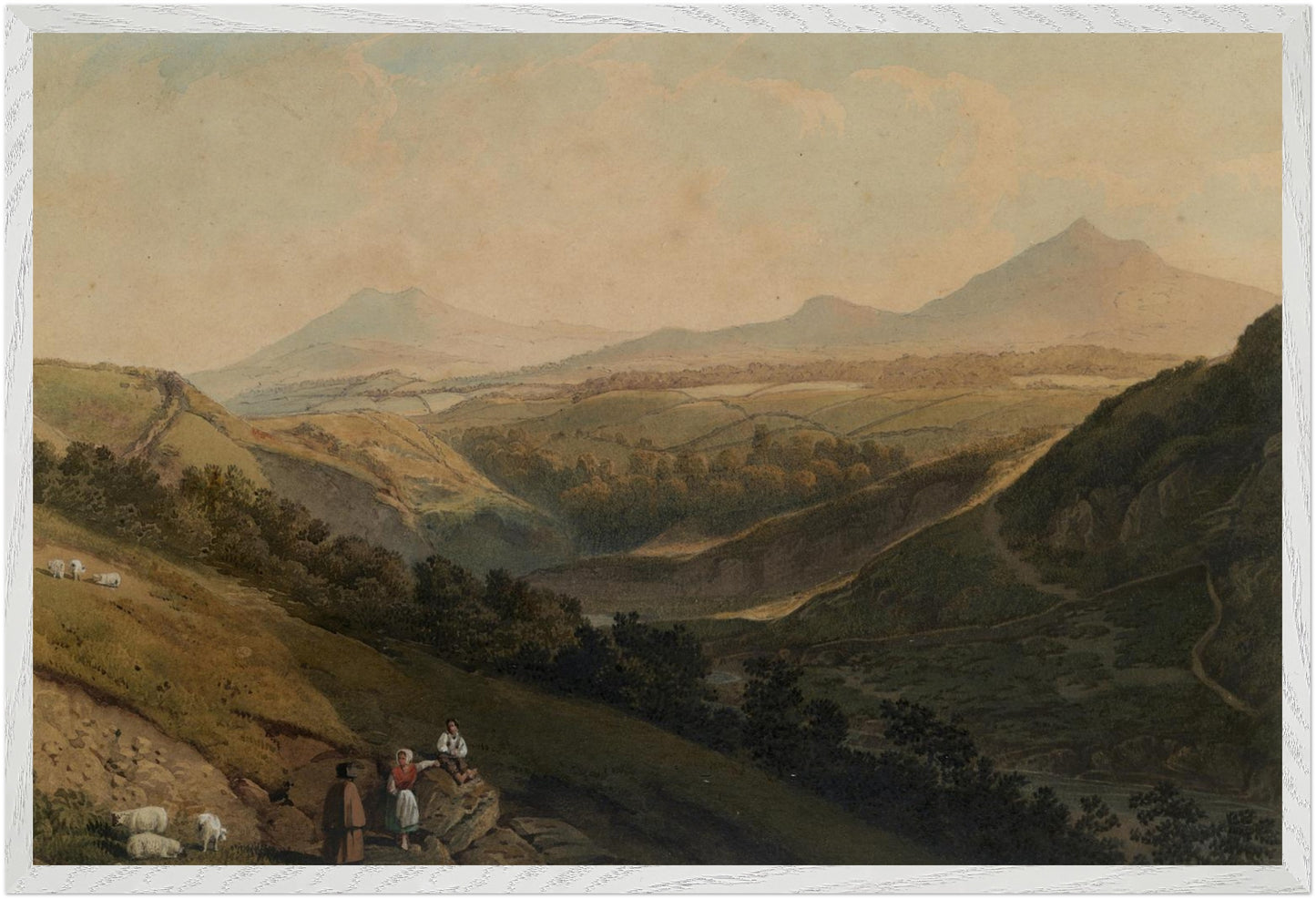 Large white framed Little and Great Sugar Loaf landscape print by Henry Newton in a modern interior
