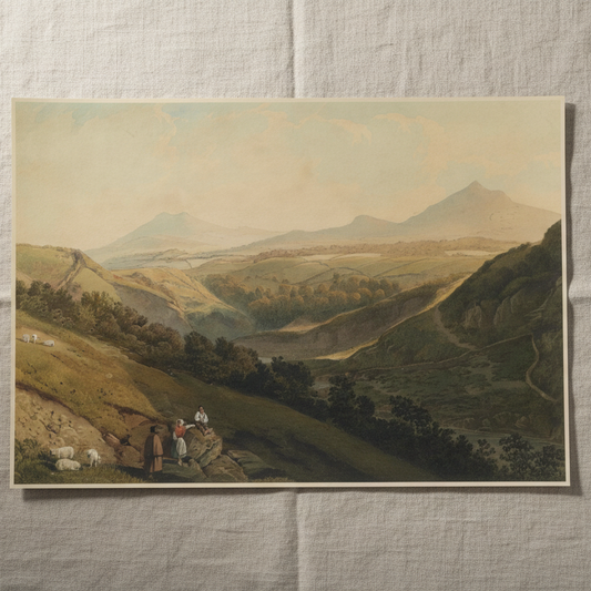 Little and Great Sugar Loaf by Henry Newton, unframed archival art print resting on light linen fabric in soft natural daylight