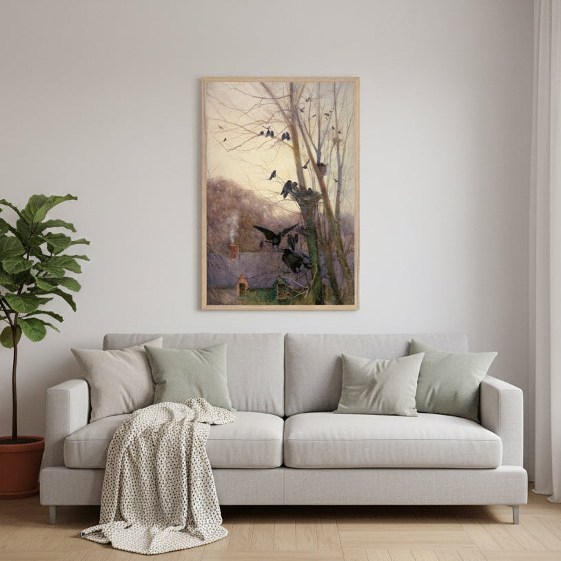 Shades of Evening by Mildred Anne Butler framed in natural oak above neutral living room sofa