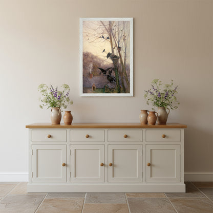 Shades of Evening by Mildred Anne Butler in white frame above country style sideboard