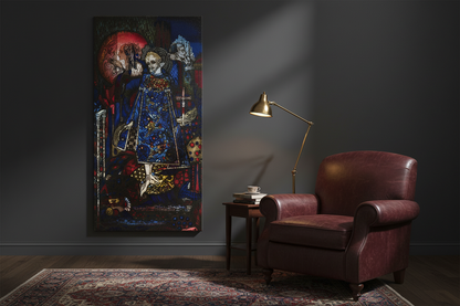 The Song of the Mad Prince (1917) – Harry Clarke Canvas Art Print in a dark room with a large abstract painting on the wall and a leather armchair.