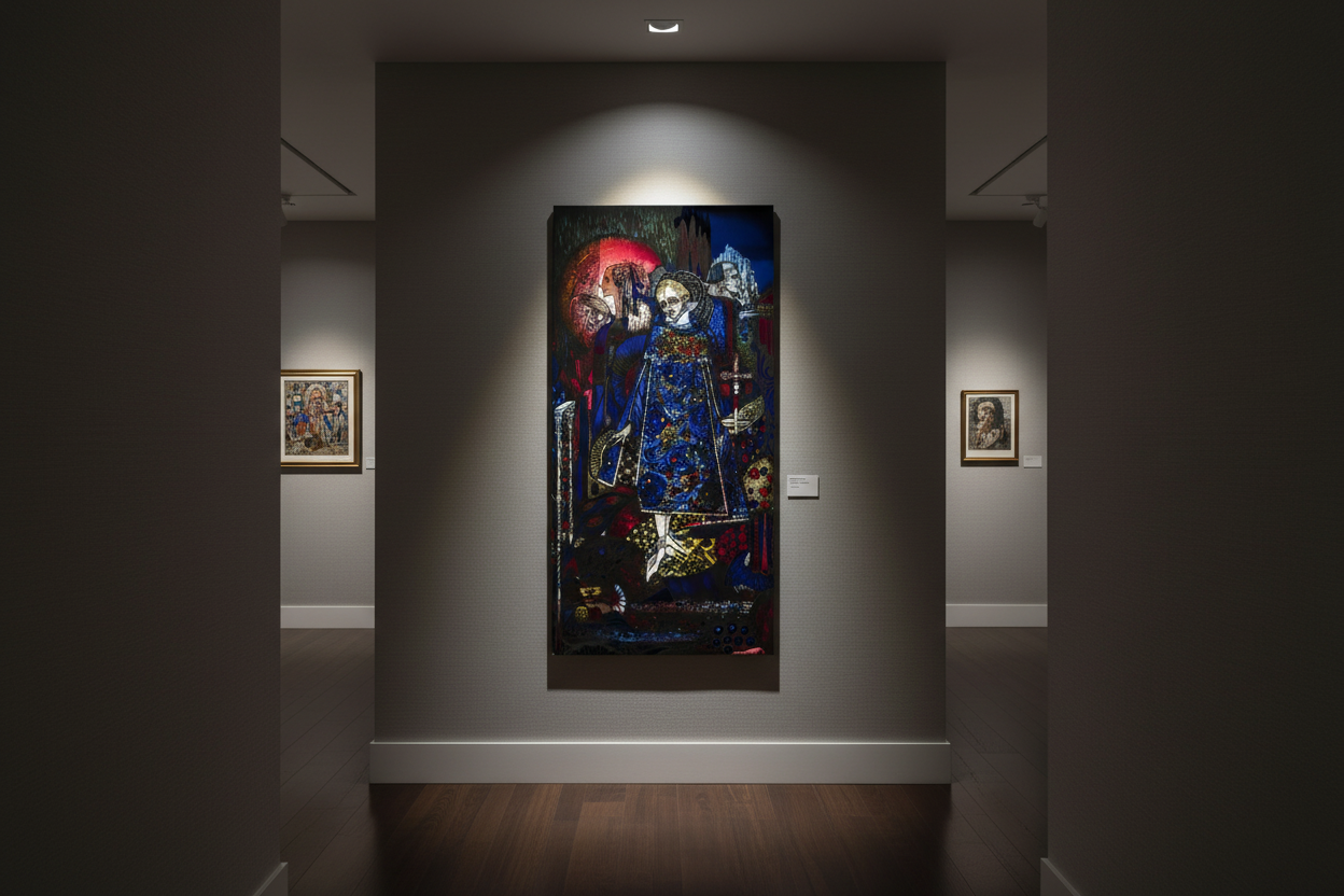 Buy Irish Art gallery with a large colorful Harry Clarke canvas on the wall, surrounded by smaller framed artworks.